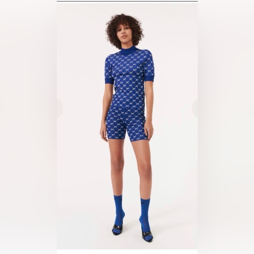 Baum und pferdgarten Navy Logo Patterned Top short sleeve shimmer turtleneck  L - Picture 3 of 6